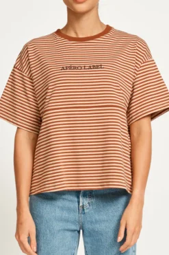 Apero Tops|Vintage Drop Shoulder Cropped Tee - Brown/Tan Stripe