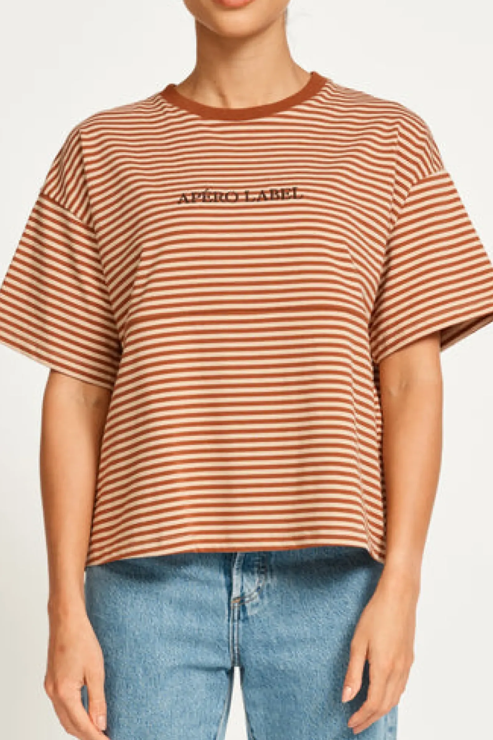 Apero Tops|Vintage Drop Shoulder Cropped Tee - Brown/Tan Stripe