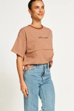 Apero Tops|Vintage Drop Shoulder Cropped Tee - Brown/Tan Stripe