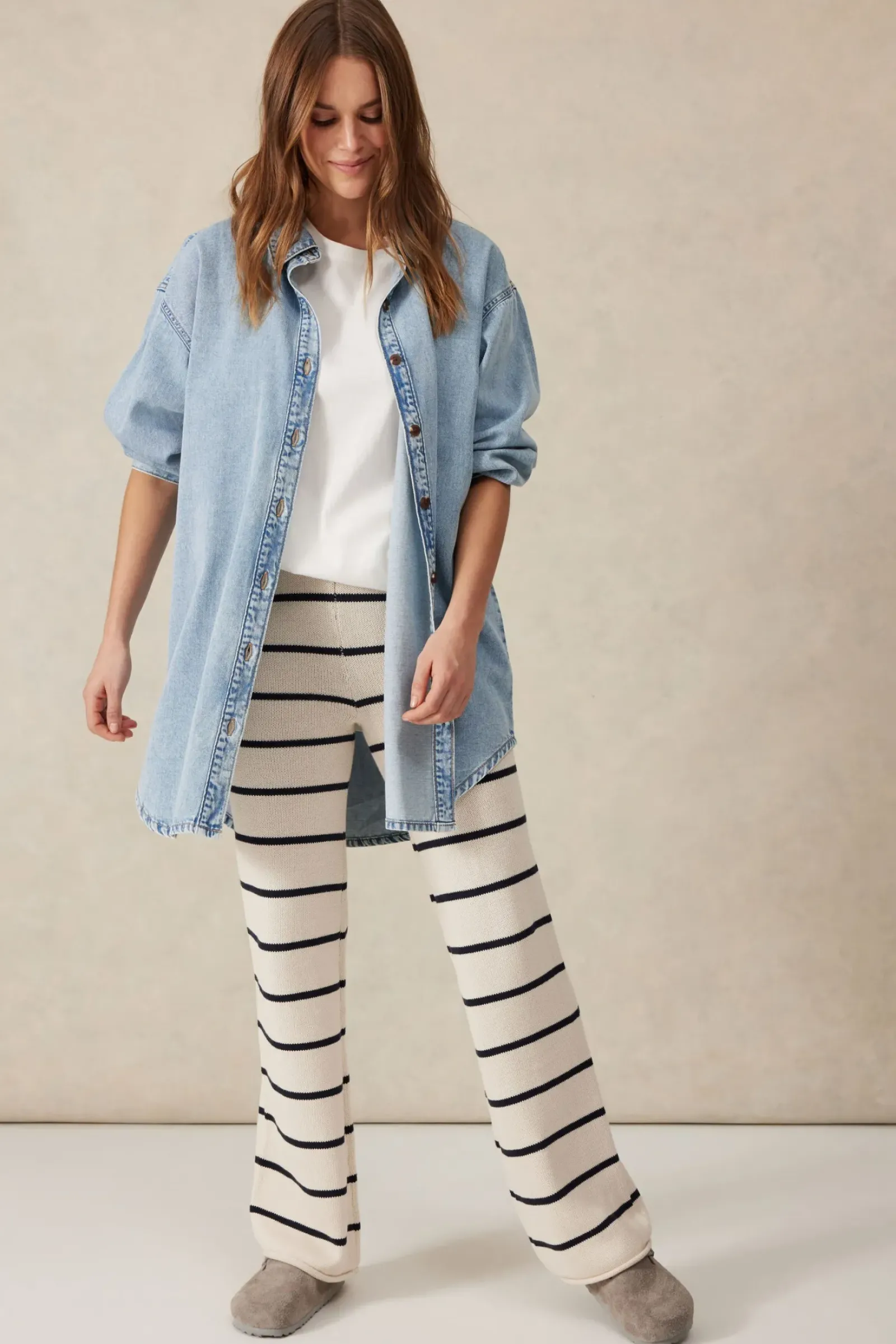 Ceres Life Pants|Knitwear|Bootleg Knit Pant - Ecru/Navy Stripe