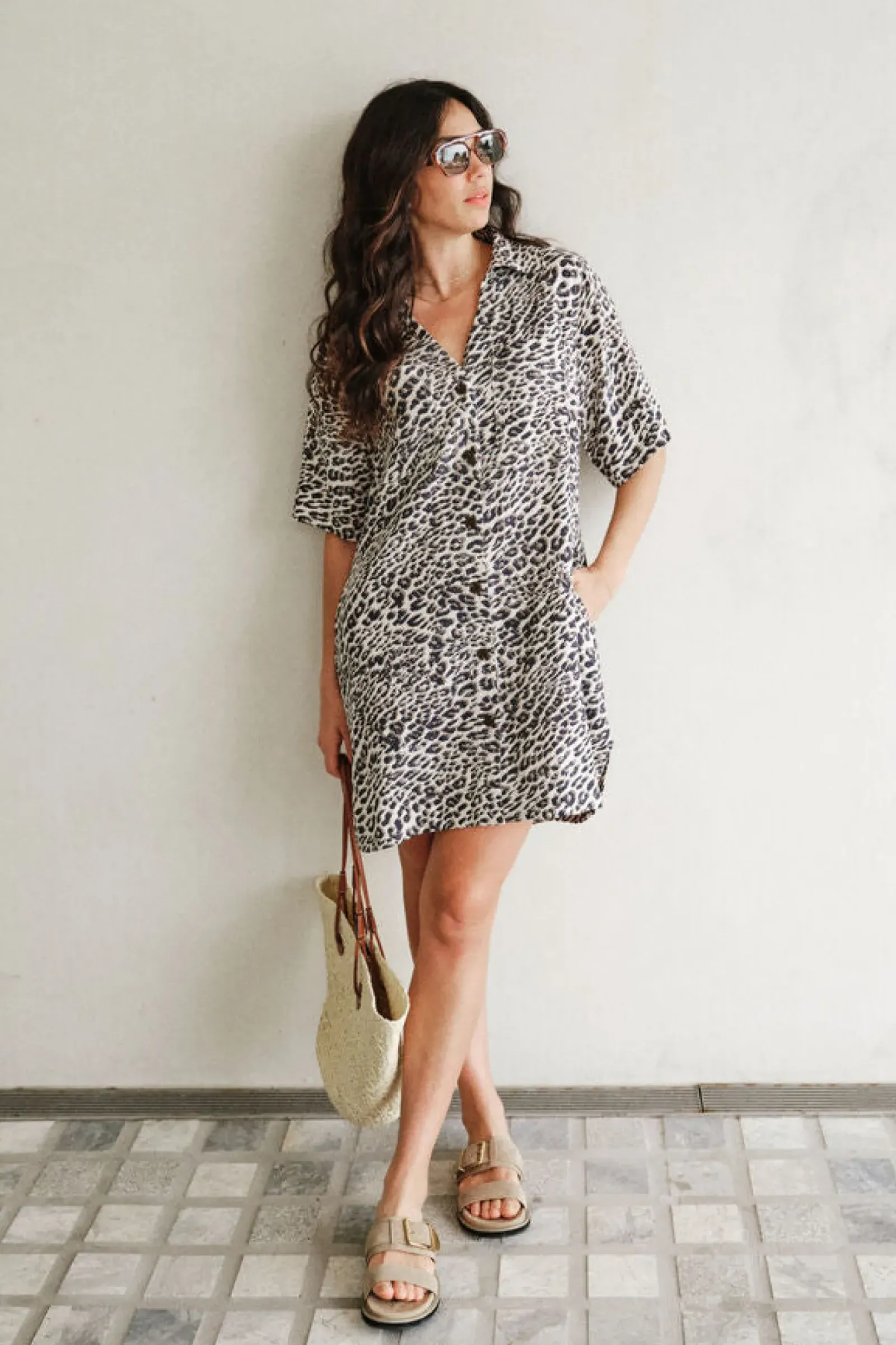 Ceres Life Dresses|Boxy Shirt Dress - Leopard Linen Blend