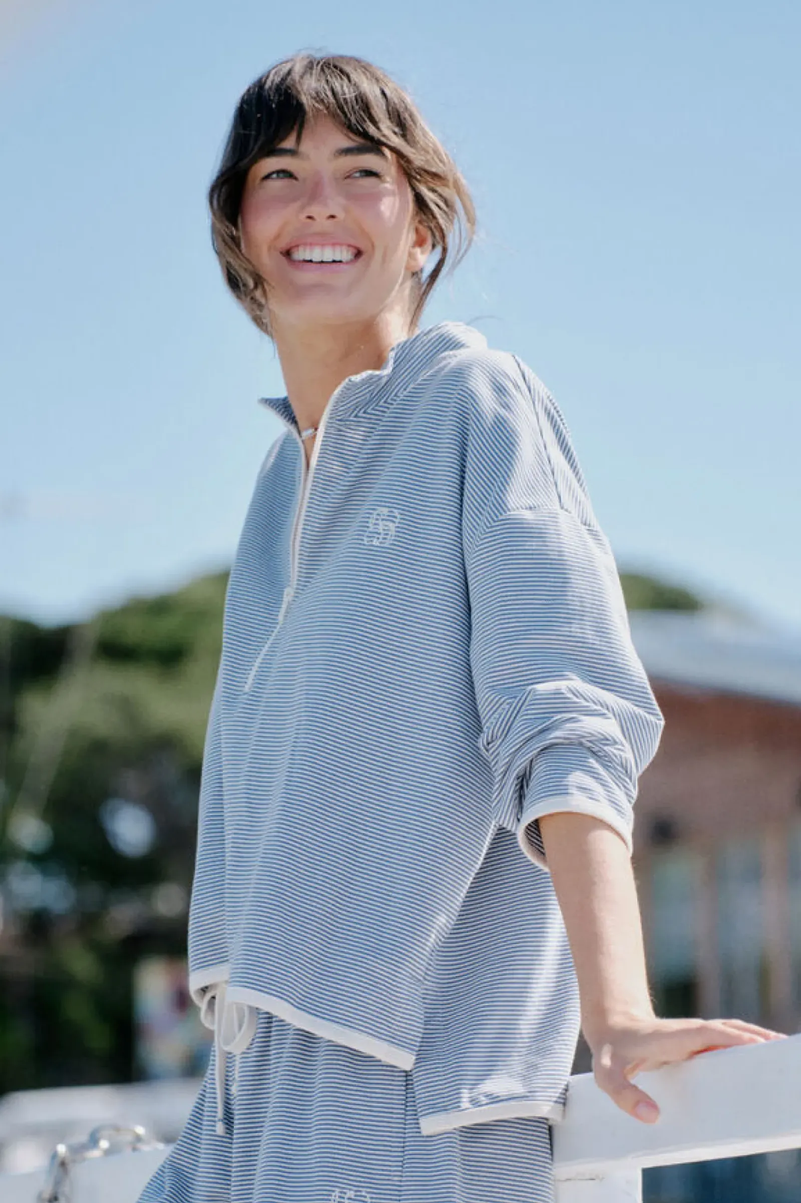 Ceres Life Tops|Boxy Zip Sweat - Moonlight Fine Stripe