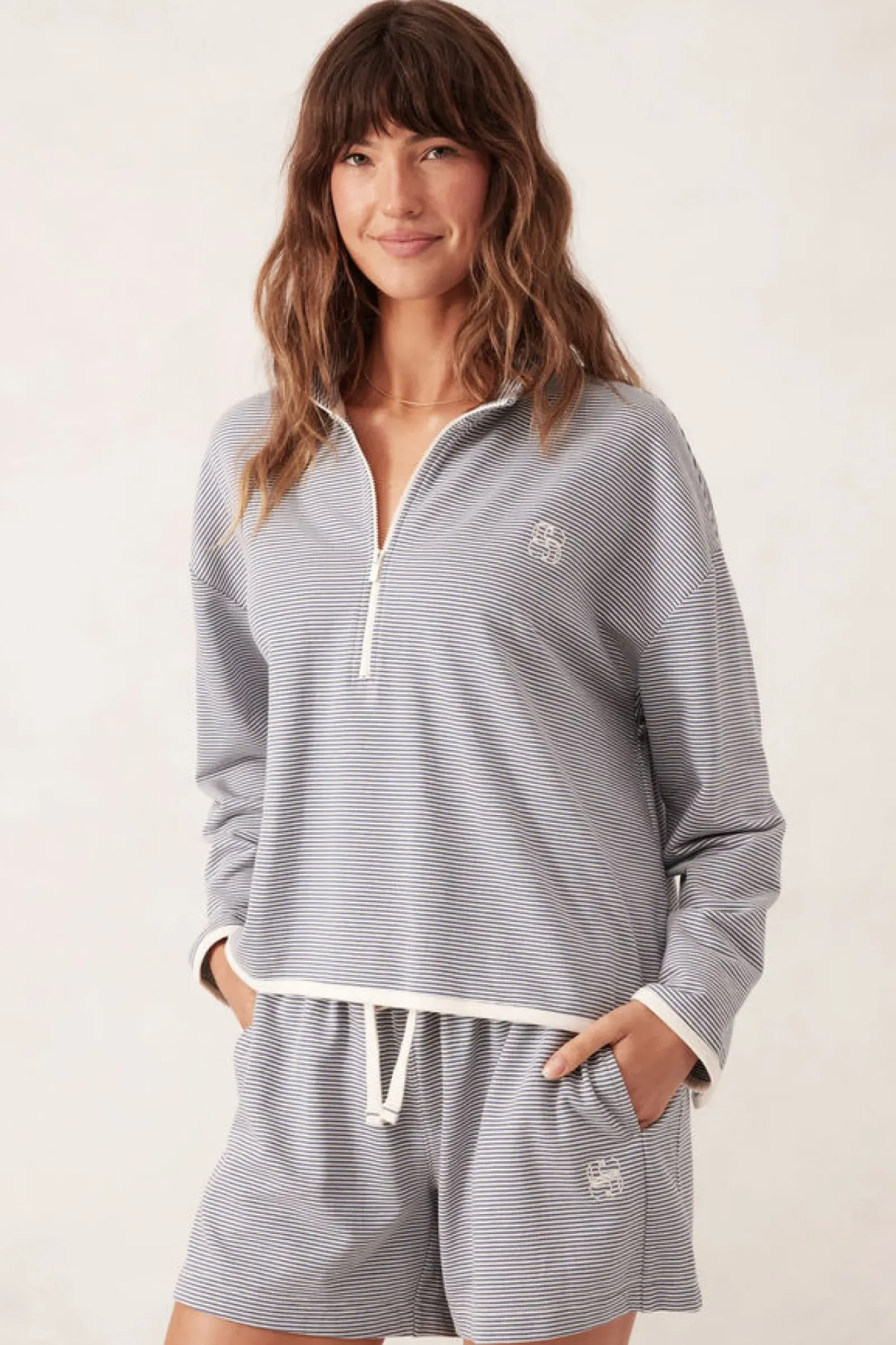 Ceres Life Tops|Boxy Zip Sweat - Moonlight Fine Stripe