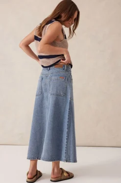 Ceres Life Skirts|Button Through Denim Midi Skirt - Mid Vintage Blue