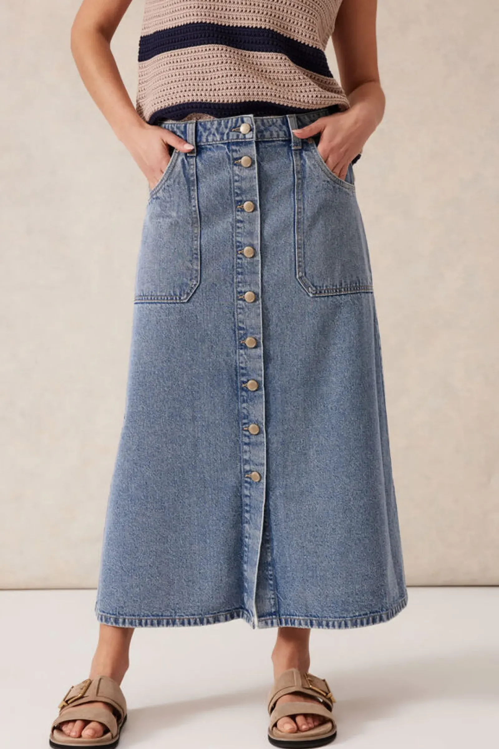 Ceres Life Skirts|Button Through Denim Midi Skirt - Mid Vintage Blue