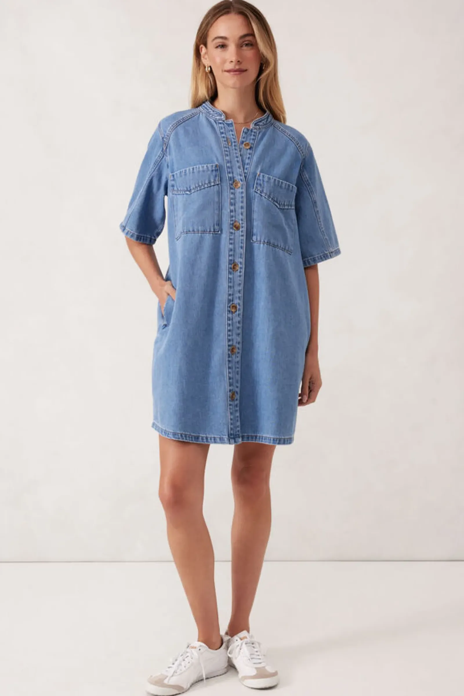Ceres Life Dresses|Collarless Relaxed Short Sleeve Denim Dress - Vintage Blue