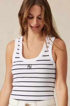 Ceres Life Tops|Contour Rib Scoop Tank - White/New Navy Monogram Embroidery