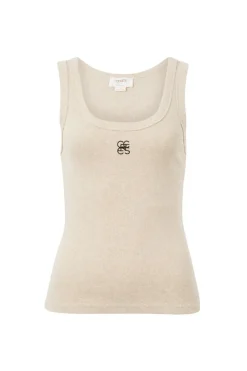 Ceres Life Tops|Contour Rib Scoop Tank - Oatmeal/Black Monogram Embroidery