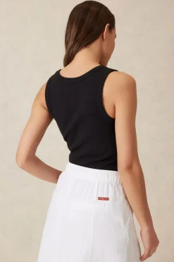 Ceres Life Tops|Contour Rib Scoop Tank - Black/White Monogram Embroidery