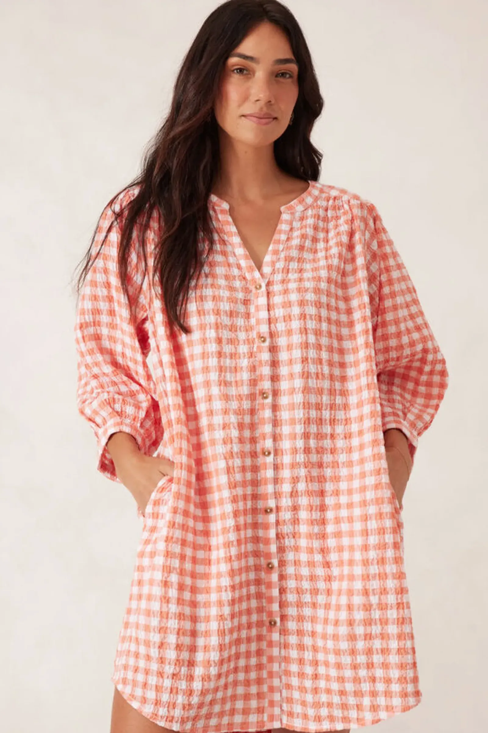 Ceres Life Dresses|Crinkle Mini Dress - Coral/White Gingham