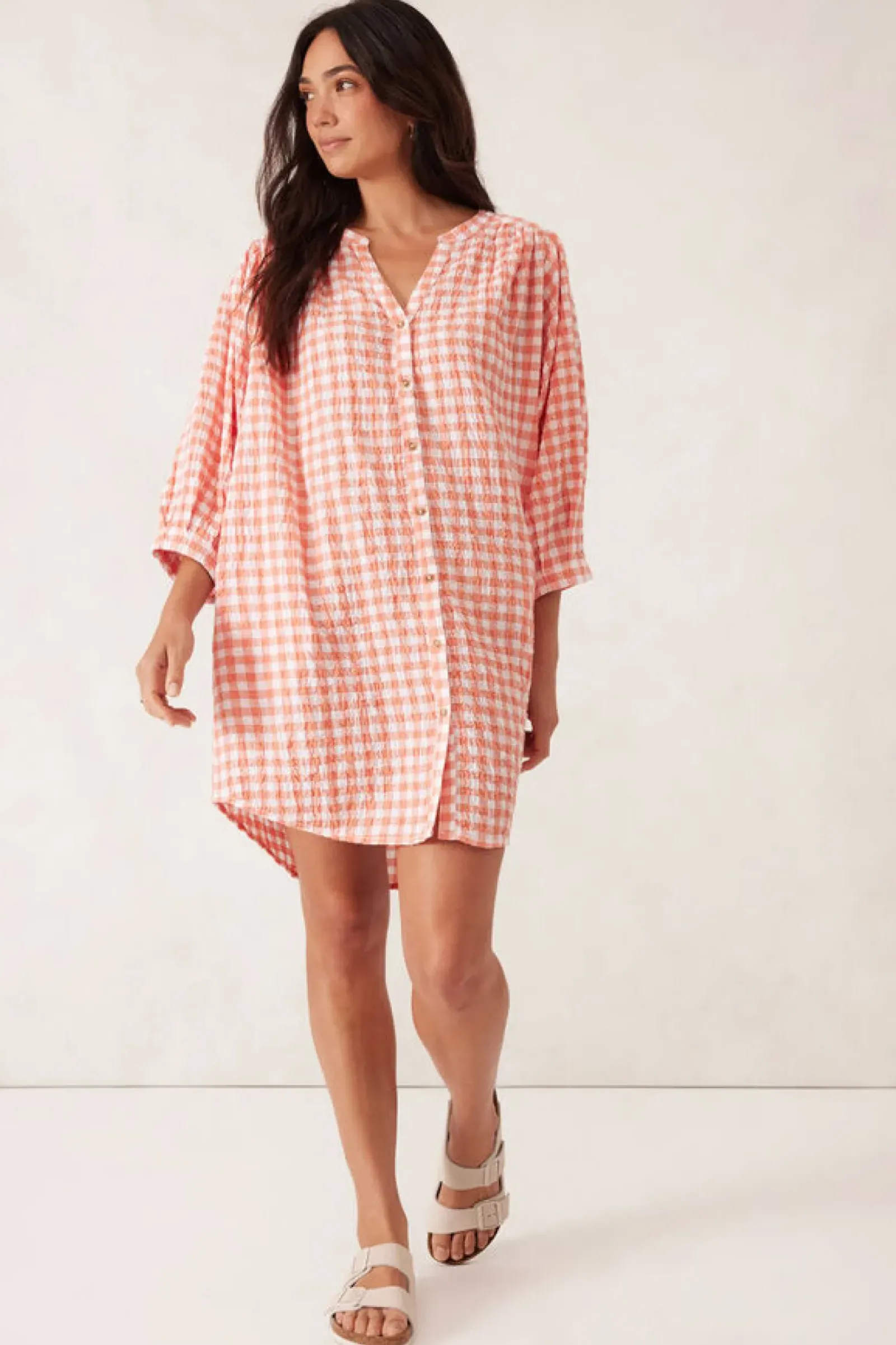 Ceres Life Dresses|Crinkle Mini Dress - Coral/White Gingham