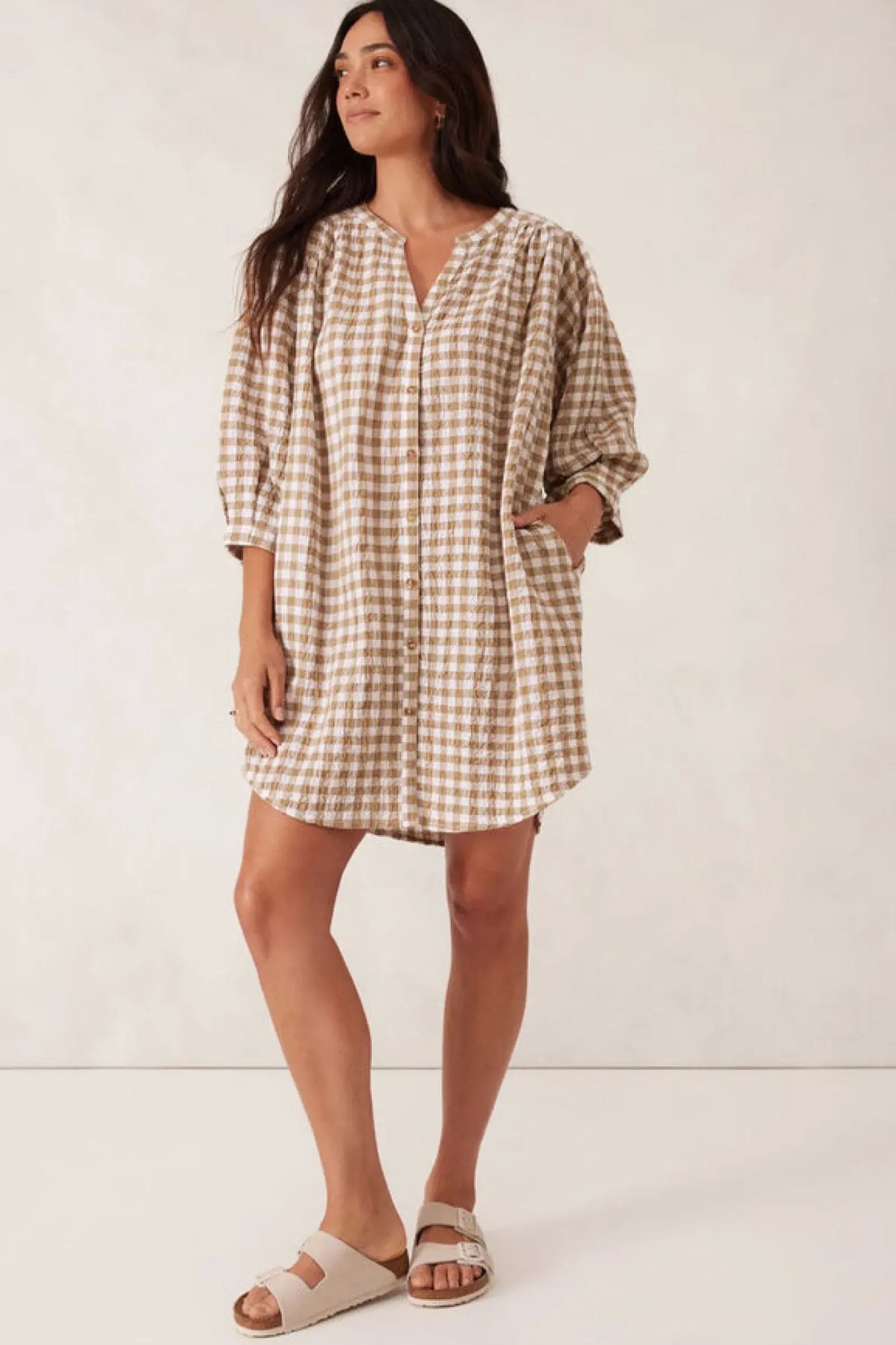 Ceres Life Dresses|Crinkle Mini Dress - Fig Green/White Gingham