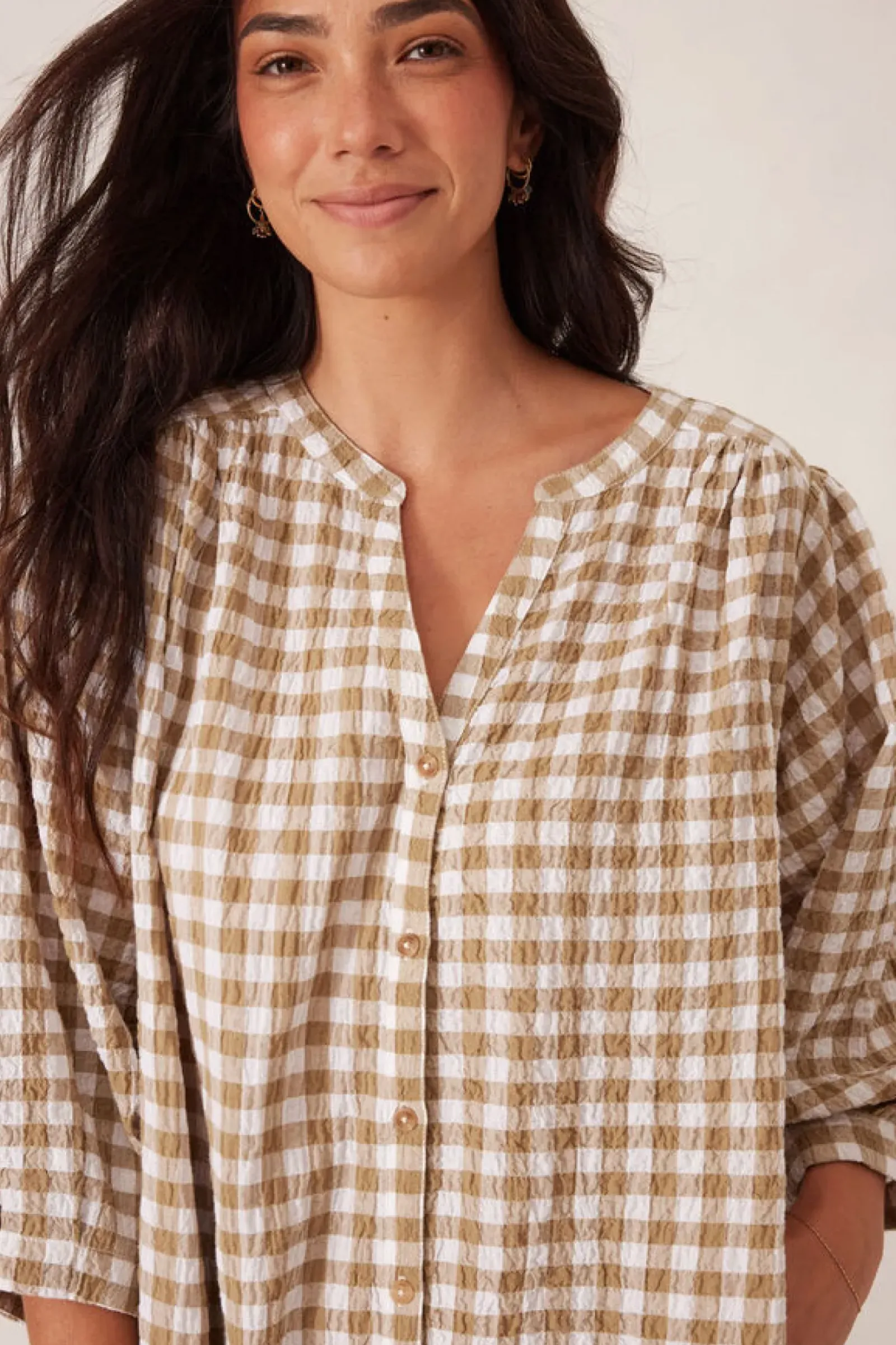 Ceres Life Dresses|Crinkle Mini Dress - Fig Green/White Gingham