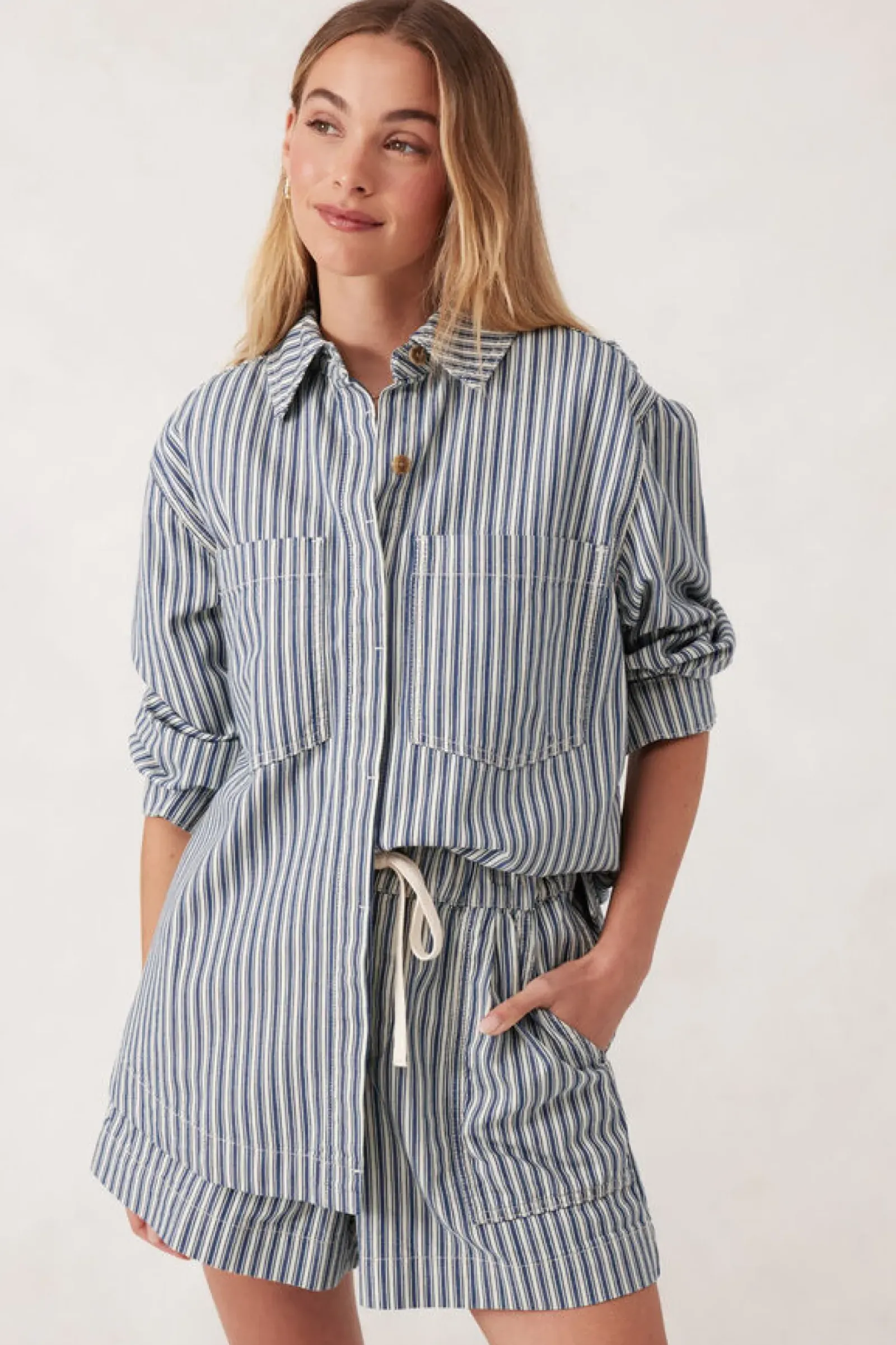 Ceres Life Tops|Curved Hem Shacket - Lagoon Blue Stripe