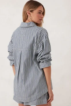Ceres Life Tops|Curved Hem Shacket - Lagoon Blue Stripe