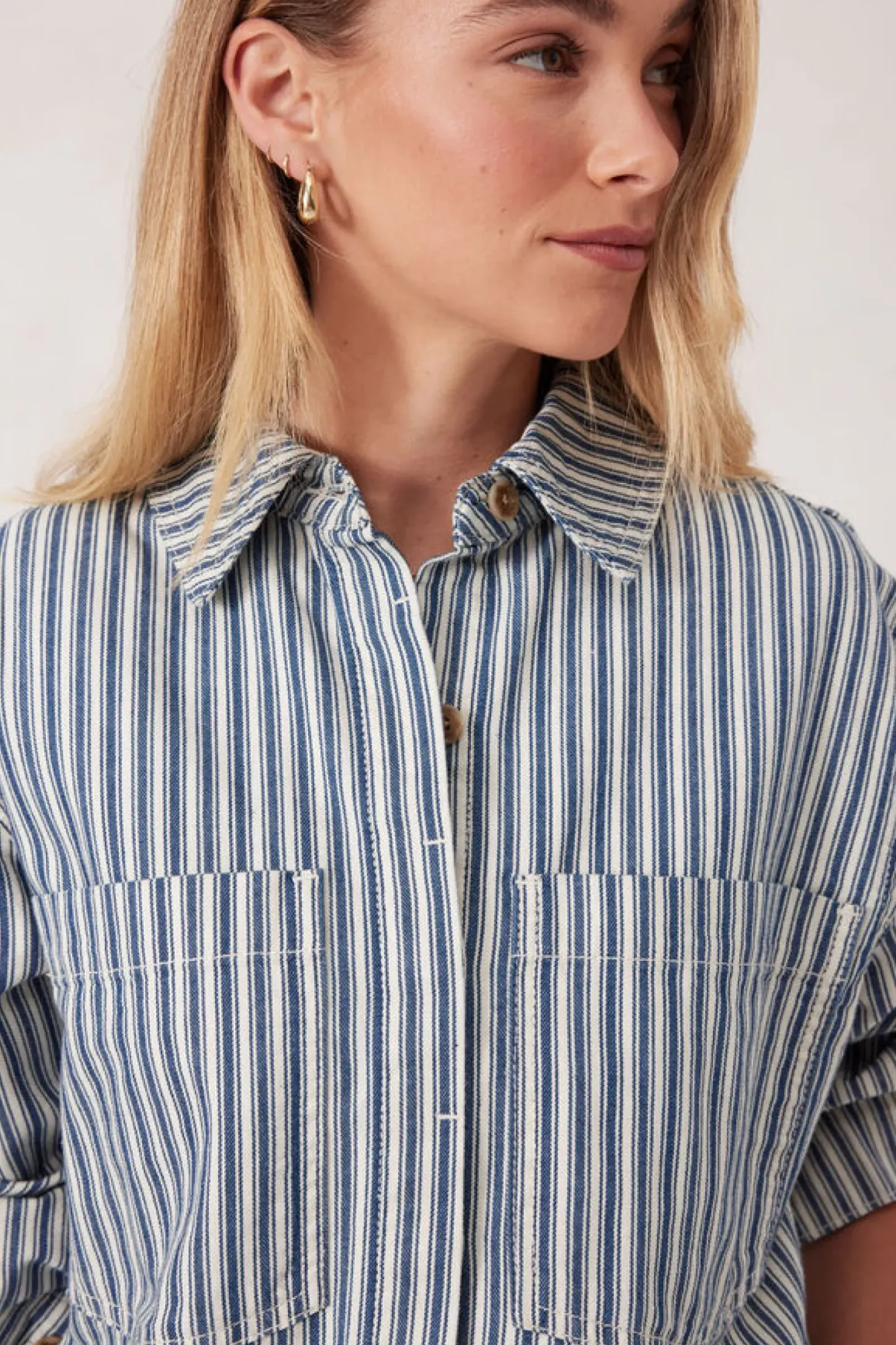 Ceres Life Tops|Curved Hem Shacket - Lagoon Blue Stripe