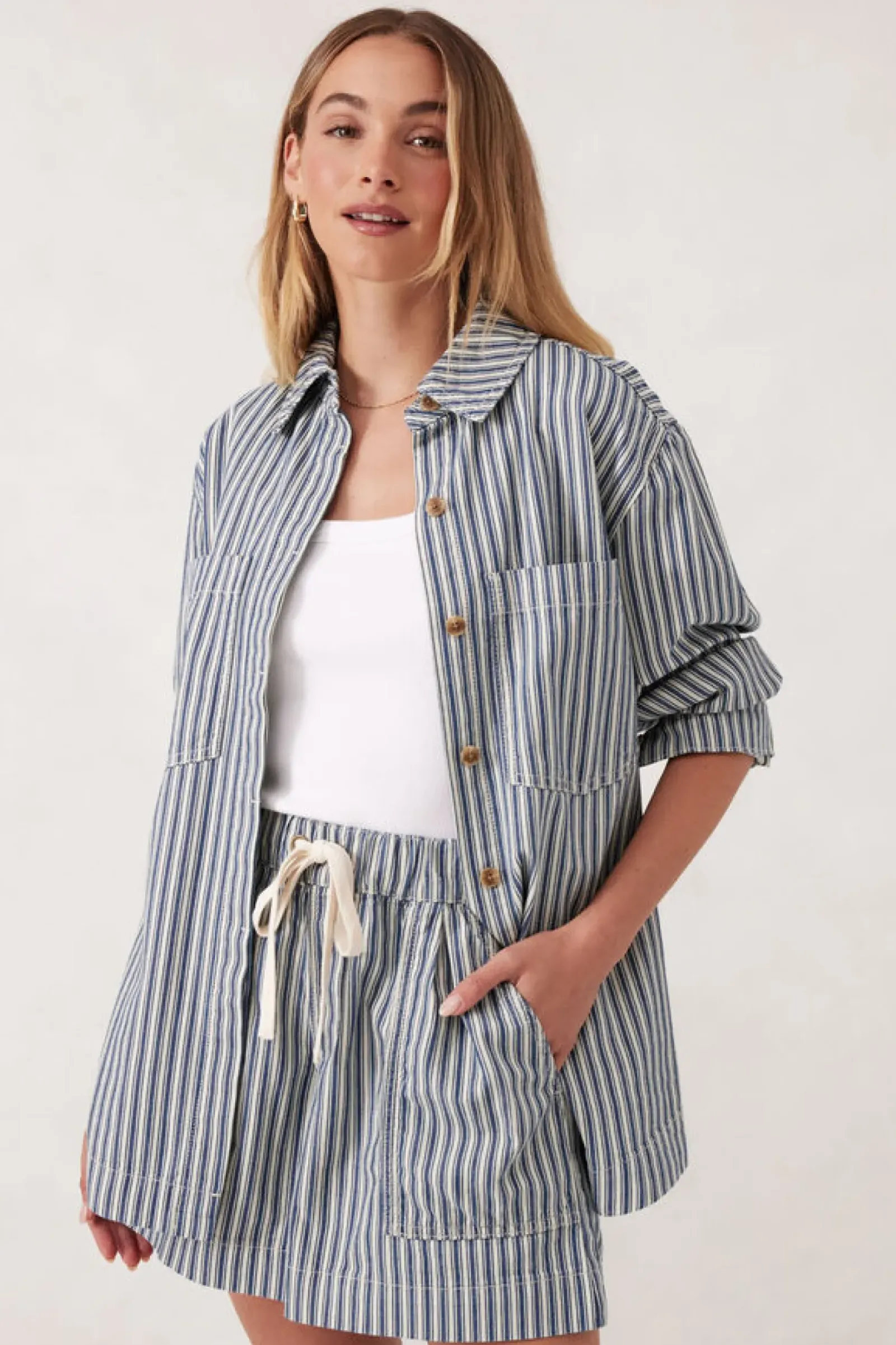 Ceres Life Tops|Curved Hem Shacket - Lagoon Blue Stripe