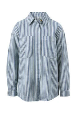 Ceres Life Tops|Curved Hem Shacket - Lagoon Blue Stripe