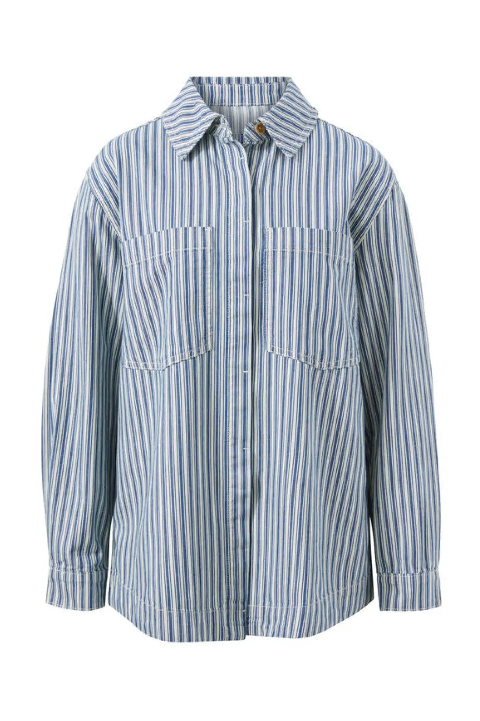Ceres Life Tops|Curved Hem Shacket - Lagoon Blue Stripe