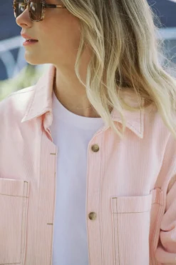 Ceres Life Tops|Curved Hem Shacket - Washed Coral Stripe
