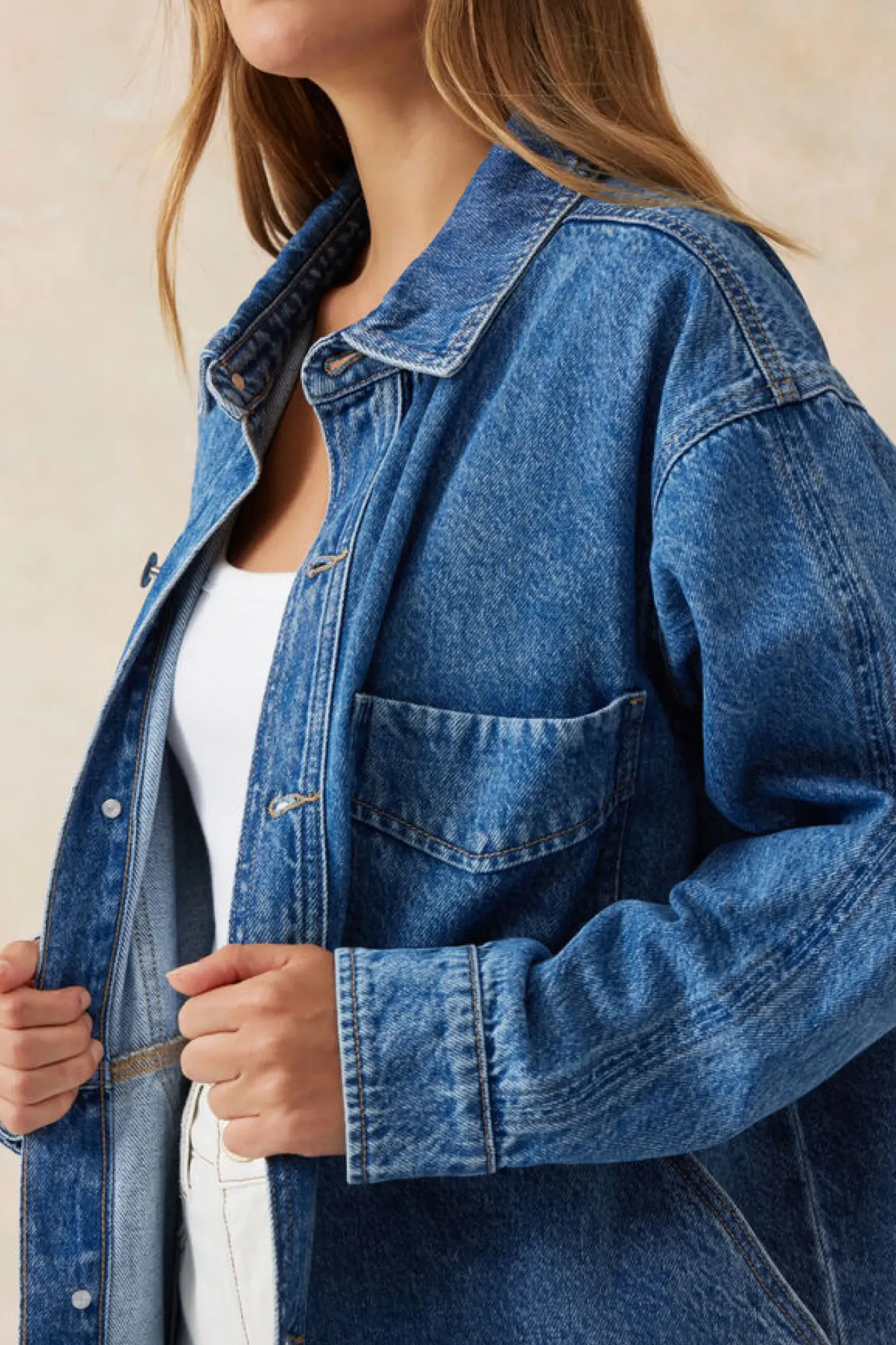Ceres Life Tops|Denim Side Pocket Shacket - Fresh Indigo