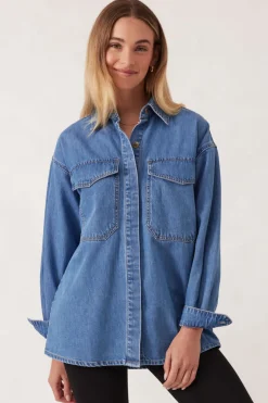 Ceres Life Tops|Essentials Denim Shirt- Mid Blue Wash
