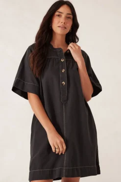 Ceres Life Dresses|Half Placket Tunic Dress- Black Twill