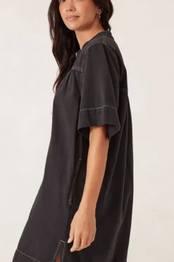Ceres Life Dresses|Half Placket Tunic Dress- Black Twill
