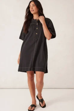 Ceres Life Dresses|Half Placket Tunic Dress- Black Twill