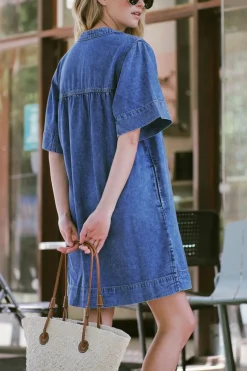 Ceres Life Dresses|Half Placket Tunic Dress - Fresh Indigo