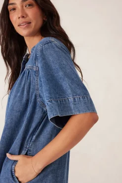 Ceres Life Dresses|Half Placket Tunic Dress - Fresh Indigo
