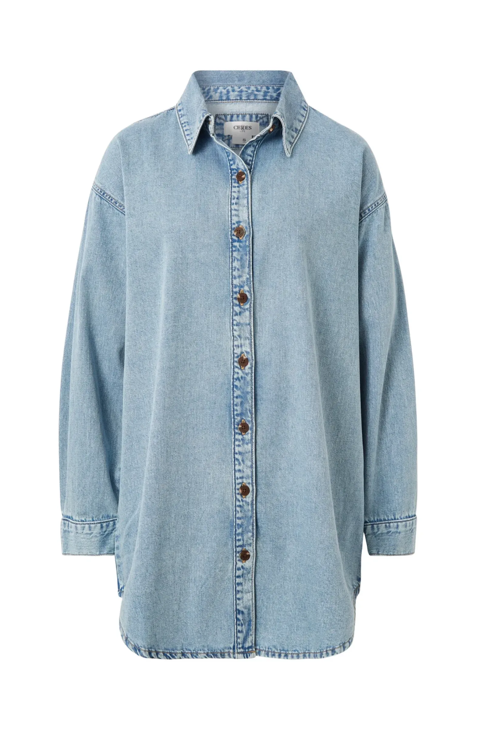 Ceres Life Tops|Longline Denim Shirt - Vintage blue