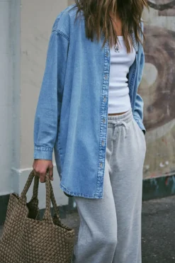 Ceres Life Tops|Longline Denim Shirt - Vintage blue