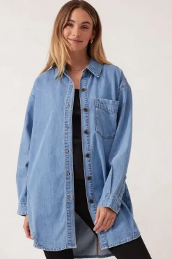 Ceres Life Tops|Longline Panelled Denim Shirt - Mid Vintage Blue