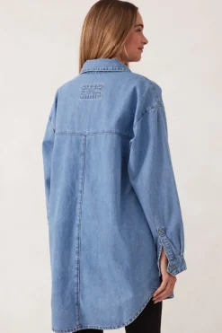 Ceres Life Tops|Longline Panelled Denim Shirt - Mid Vintage Blue
