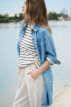 Ceres Life Tops|Longline Panelled Denim Shirt - Mid Vintage Blue