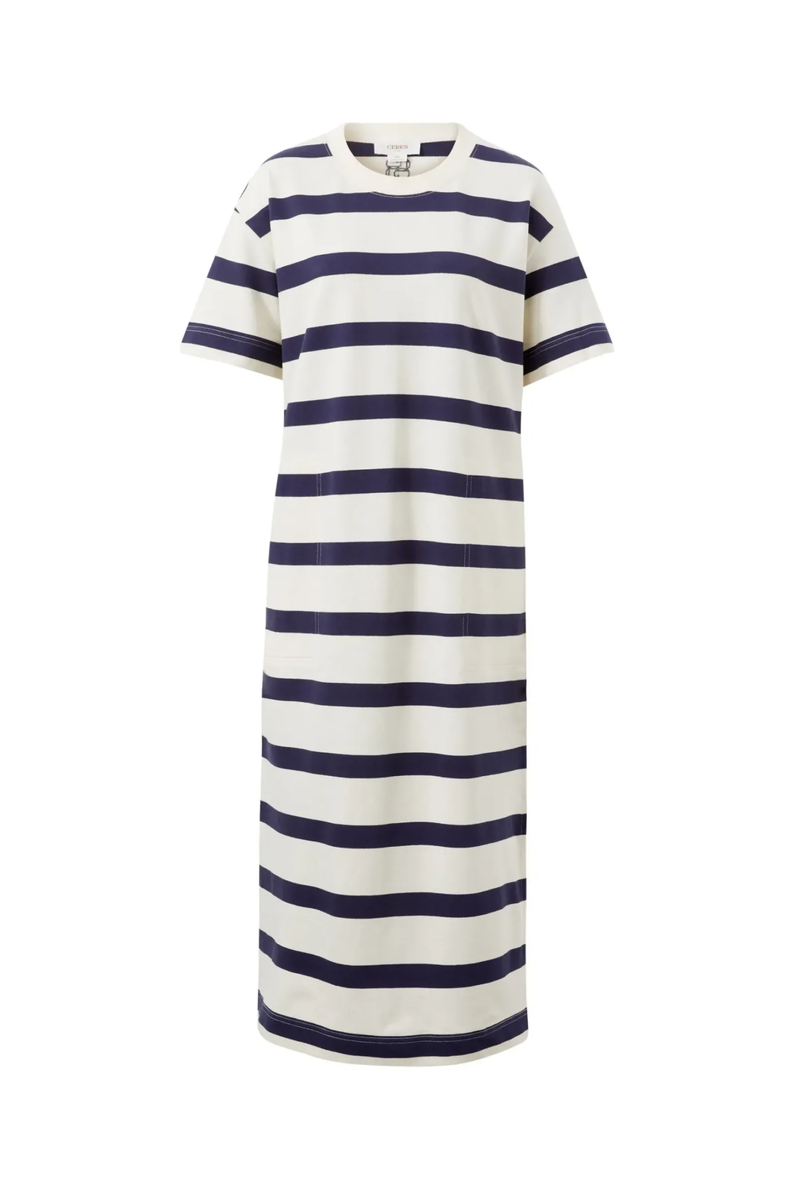 Ceres Life Dresses|Midi Terry Dress - White Navy Bold Stripe