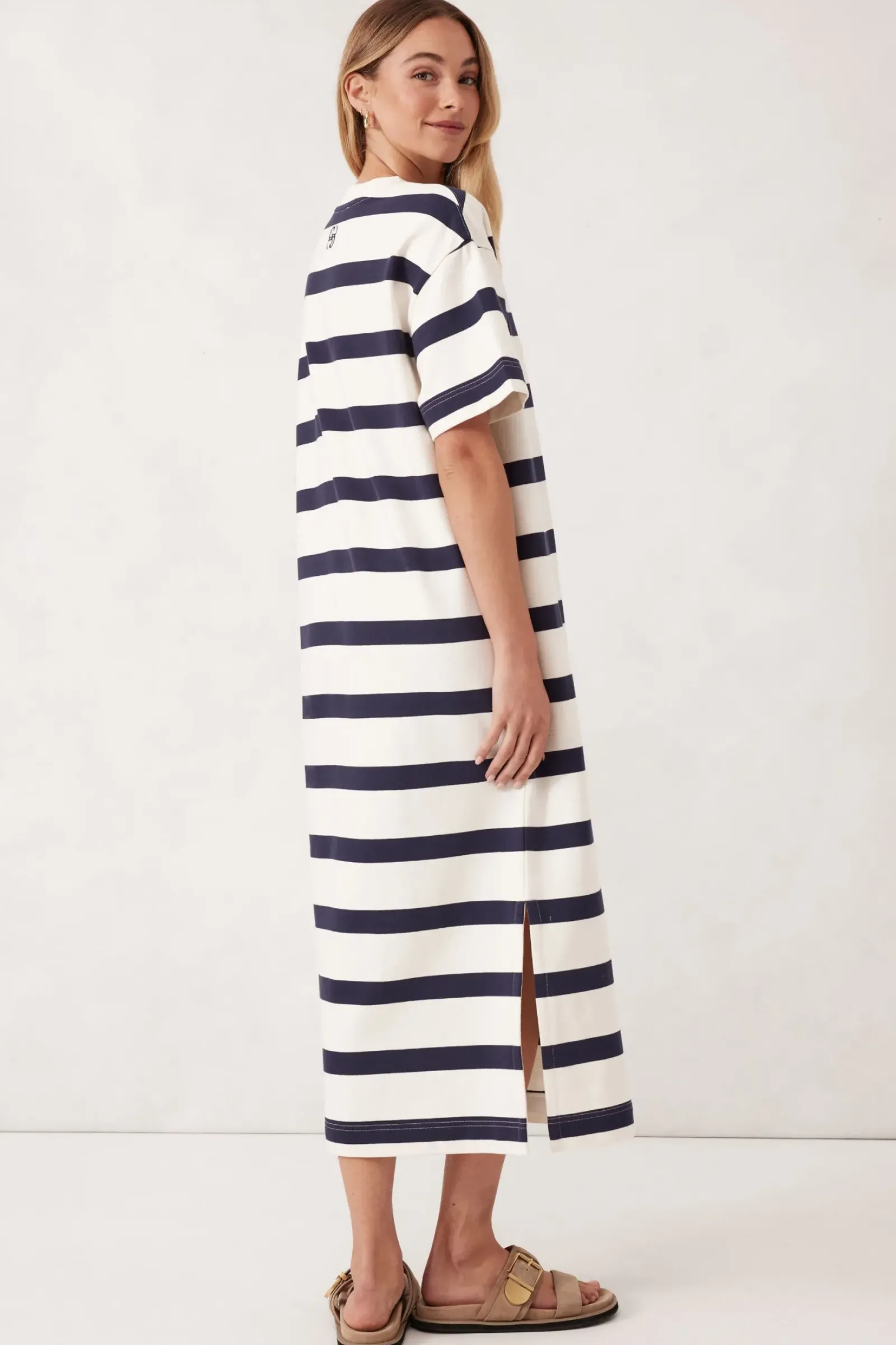 Ceres Life Dresses|Midi Terry Dress - White Navy Bold Stripe
