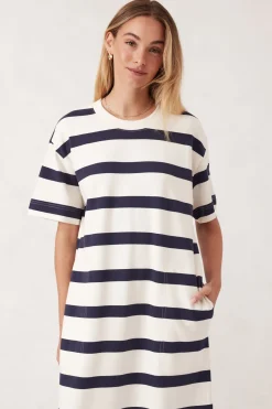 Ceres Life Dresses|Midi Terry Dress - White Navy Bold Stripe