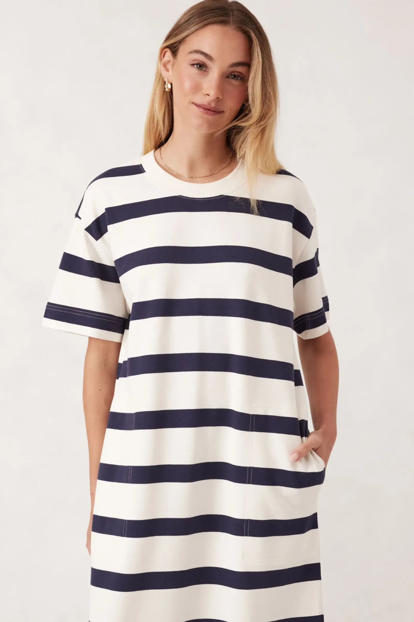 Ceres Life Dresses|Midi Terry Dress - White Navy Bold Stripe