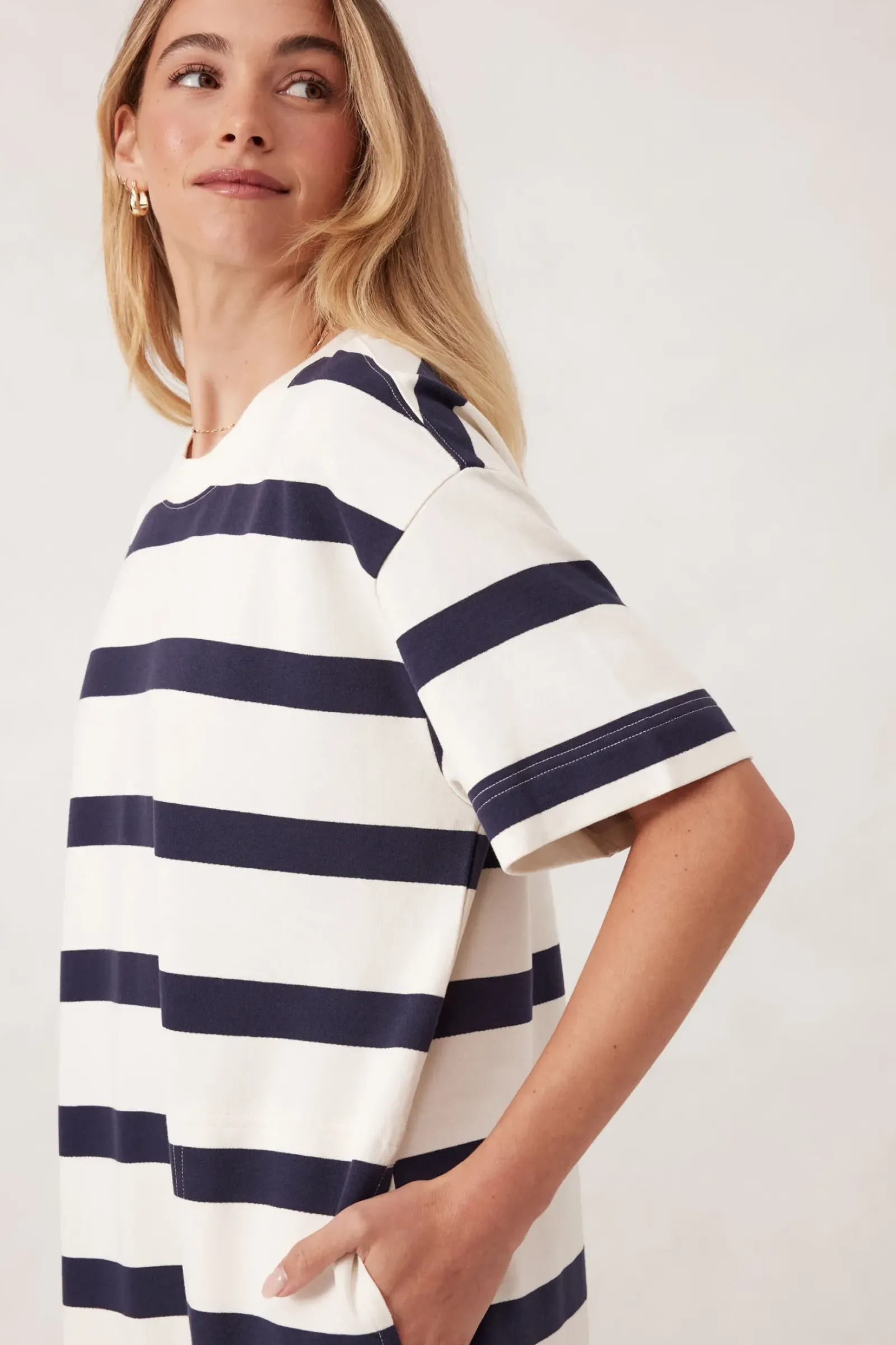 Ceres Life Dresses|Midi Terry Dress - White Navy Bold Stripe