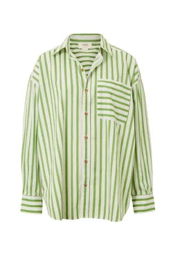 Ceres Life Tops|Oversized Organic Cotton Poplin Shirt - Splash Green White Stripe