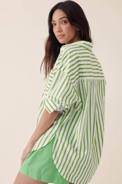 Ceres Life Tops|Oversized Organic Cotton Poplin Shirt - Splash Green White Stripe