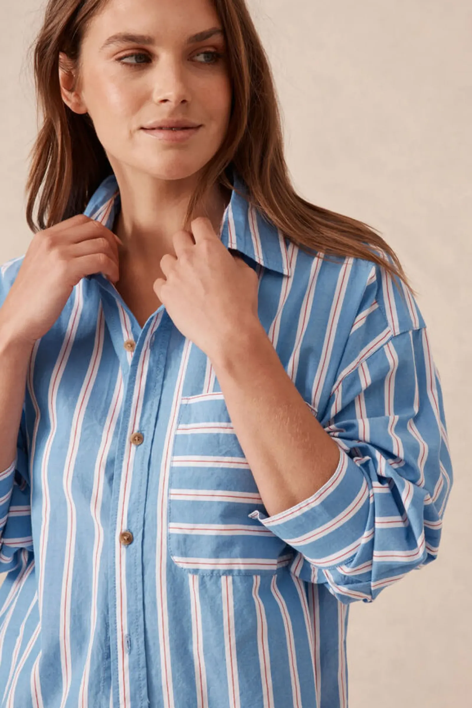 Ceres Life Tops|Oversized Organic Cotton Poplin Shirt - Blue White Red Stripe