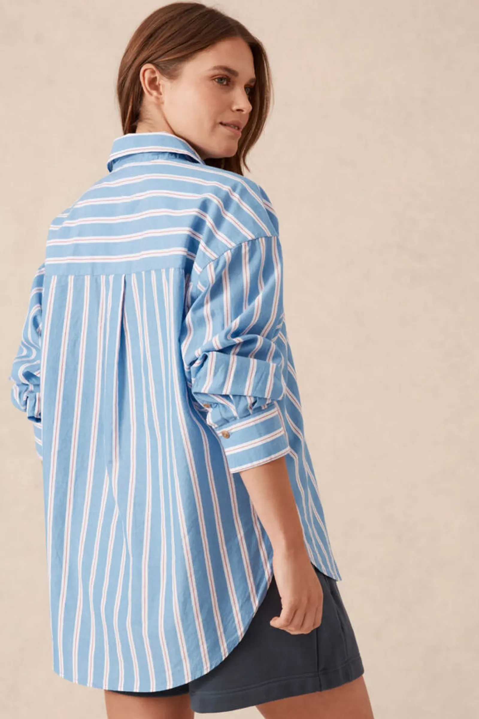 Ceres Life Tops|Oversized Organic Cotton Poplin Shirt - Blue White Red Stripe