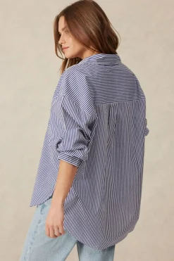 Ceres Life Tops|Oversized Organic Cotton Poplin Shirt - College Blue White Narrow Stripe
