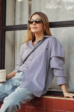 Ceres Life Tops|Oversized Organic Cotton Poplin Shirt - College Blue White Narrow Stripe