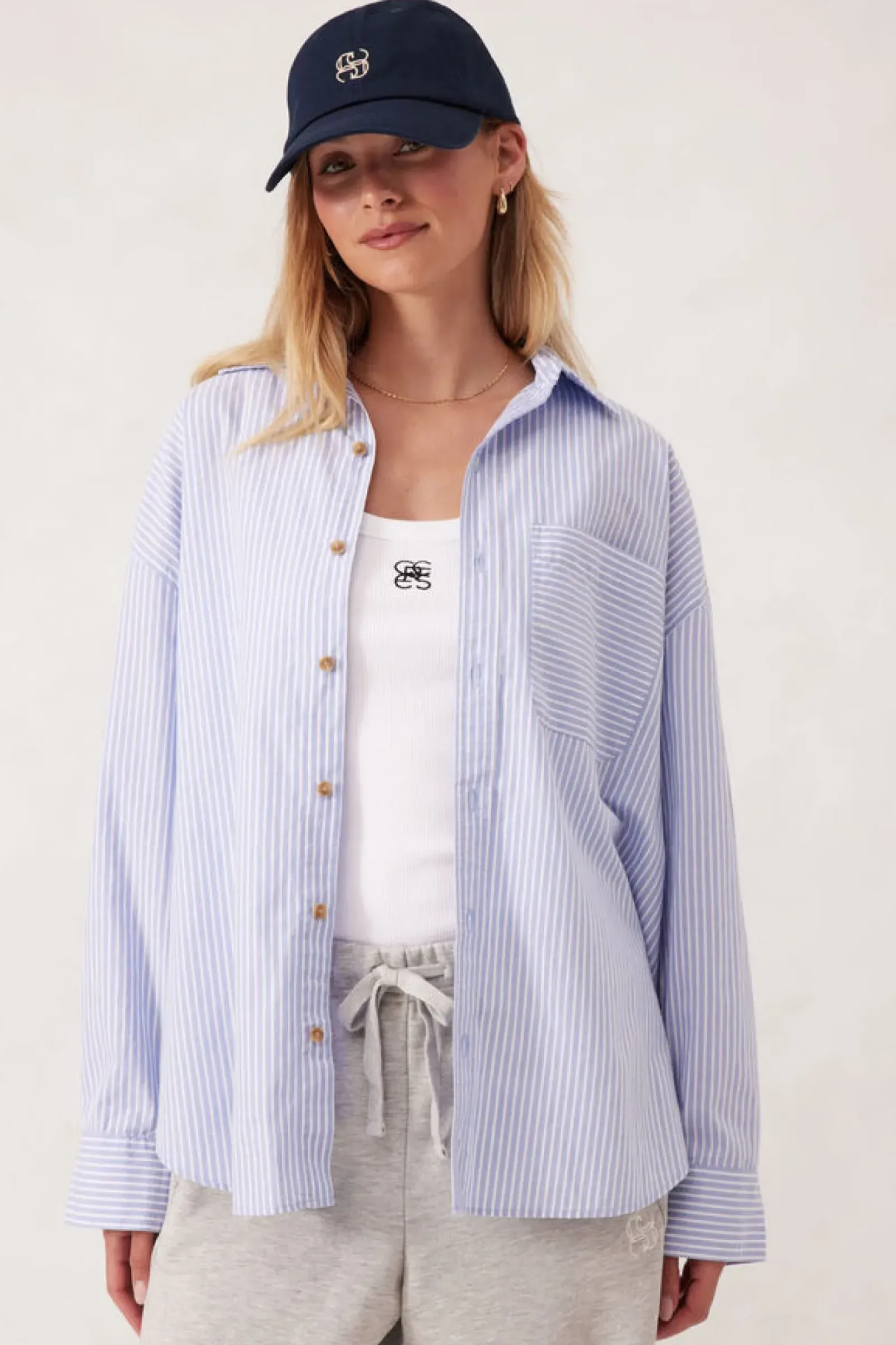 Ceres Life Tops|Oversized Poplin Shirt - White Heritage Blue Stripe