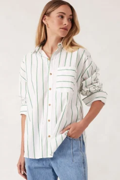 Ceres Life Tops|Oversized Poplin Shirt- Grass Fine Twin Stripe