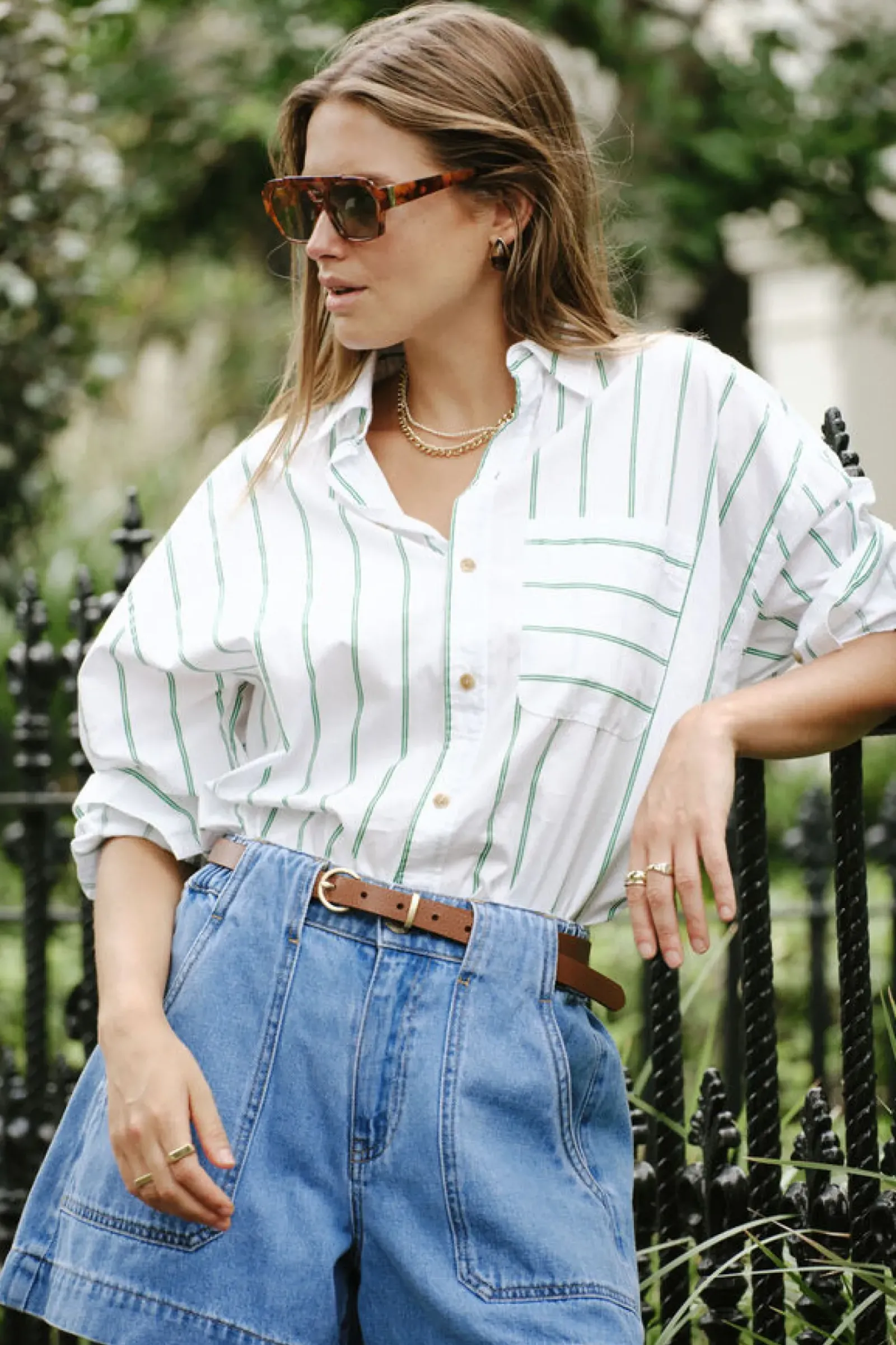 Ceres Life Tops|Oversized Poplin Shirt- Grass Fine Twin Stripe